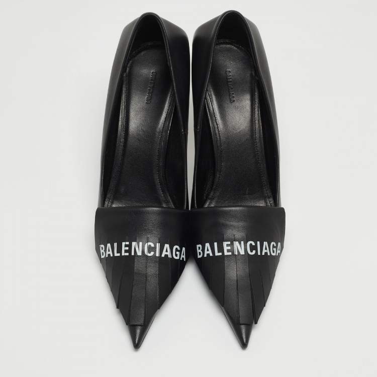 Pre Owned Balenciaga Black Leather Knife Fringe Detail Pointed Toe Pumps Size 38.5