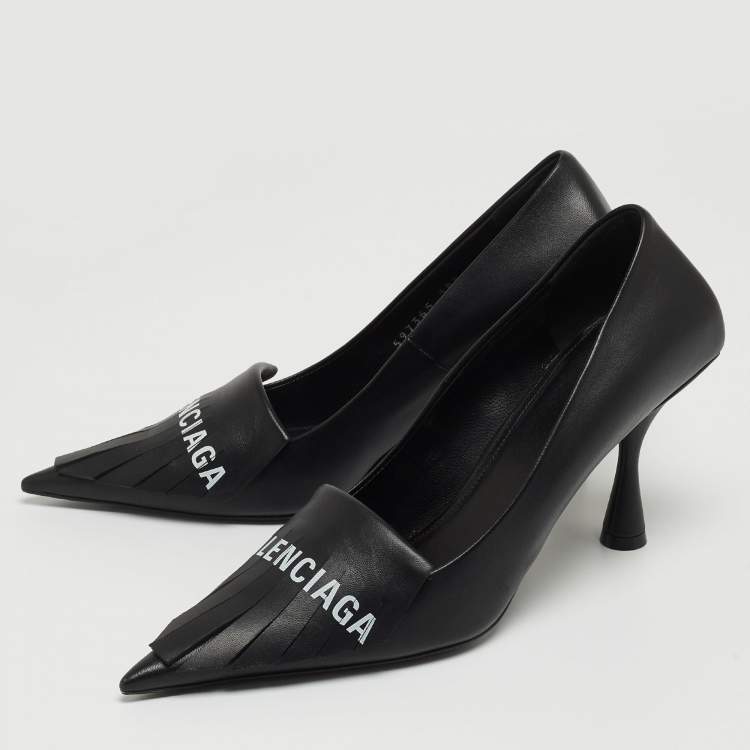 Pre Owned Balenciaga Black Leather Knife Fringe Detail Pointed Toe Pumps Size 38.5