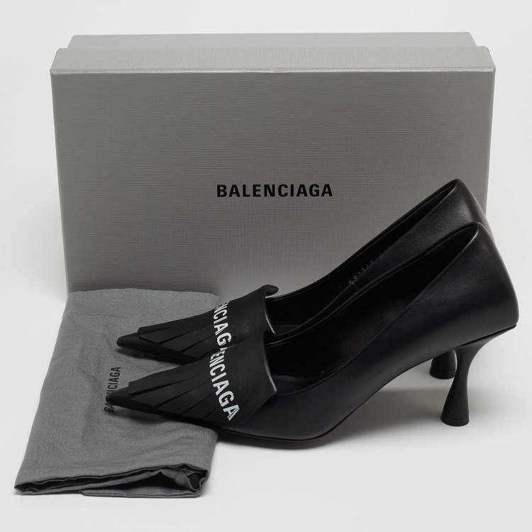 Pre Owned Balenciaga Black Leather Knife Fringe Detail Pointed Toe Pumps Size 38.5