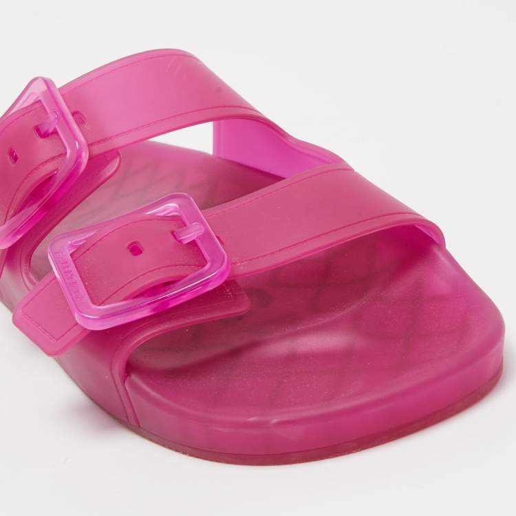 Pre Owned Balenciaga Pink Rubber Double Buckle Detail Flat Sandals Size 38
