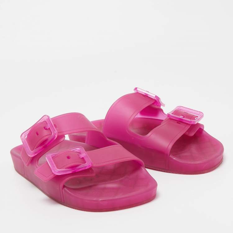Pre Owned Balenciaga Pink Rubber Double Buckle Detail Flat Sandals Size 38