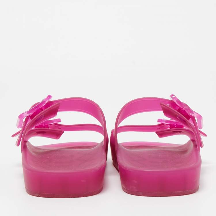 Pre Owned Balenciaga Pink Rubber Double Buckle Detail Flat Sandals Size 38