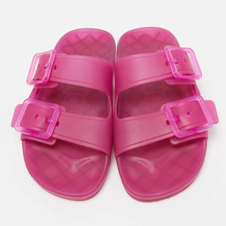 Pre Owned Balenciaga Pink Rubber Double Buckle Detail Flat Sandals Size 38