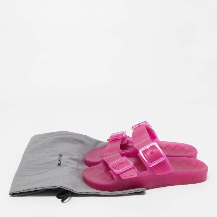 Pre Owned Balenciaga Pink Rubber Double Buckle Detail Flat Sandals Size 38