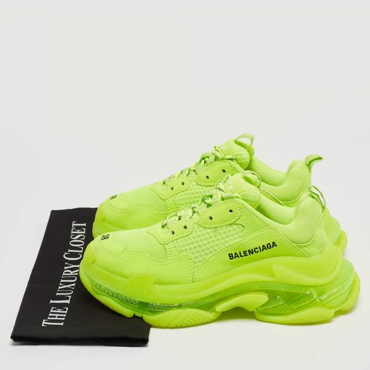 مملوكة مسبقًا Balenciaga Neon Green Faux Leather and Mesh Triple S Low Top Sneakers Size 38