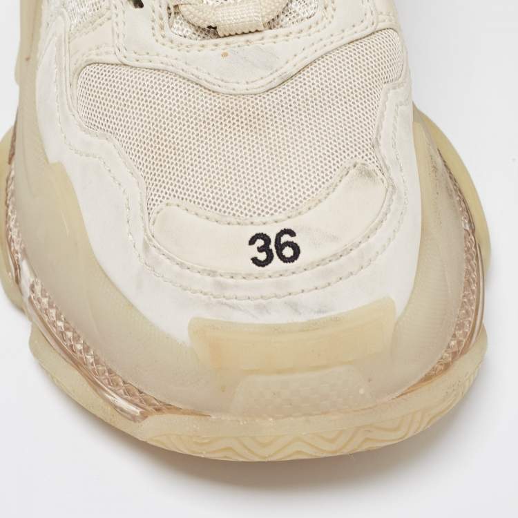 Pre Owned Balenciaga Cream Leather and Mesh Triple S Clear Sneakers Size 36