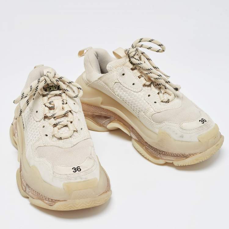 Pre Owned Balenciaga Cream Leather and Mesh Triple S Clear Sneakers Size 36