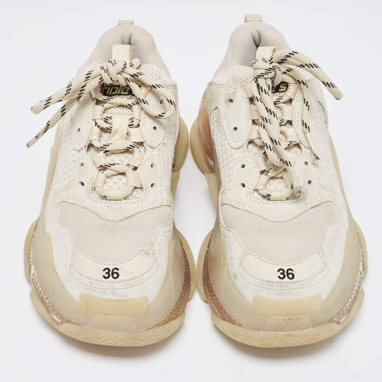 Pre Owned Balenciaga Cream Leather and Mesh Triple S Clear Sneakers Size 36