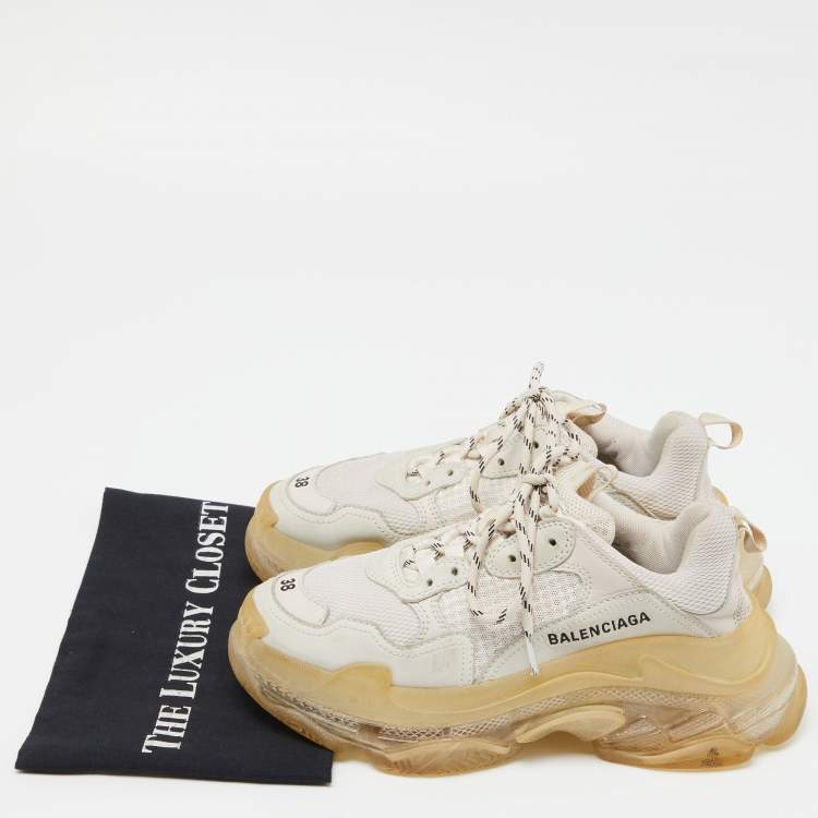Pre Owned Balenciaga White/Grey Mesh and Leather Lace Up Sneakers Size 38