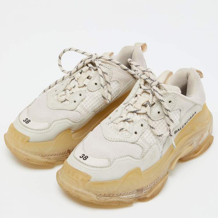 Pre Owned Balenciaga White/Grey Mesh and Leather Lace Up Sneakers Size 38