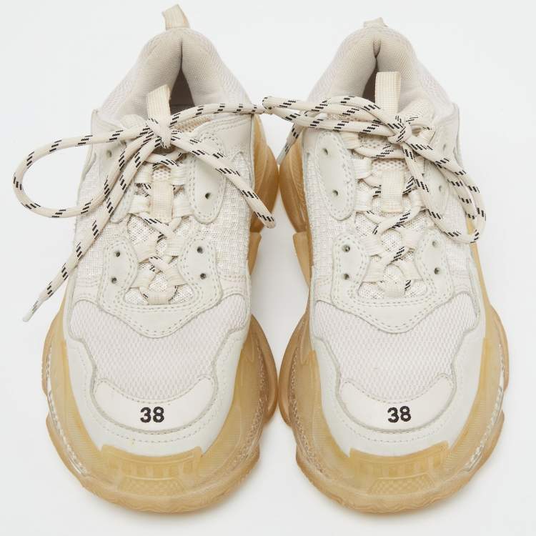 Pre Owned Balenciaga White/Grey Mesh and Leather Lace Up Sneakers Size 38