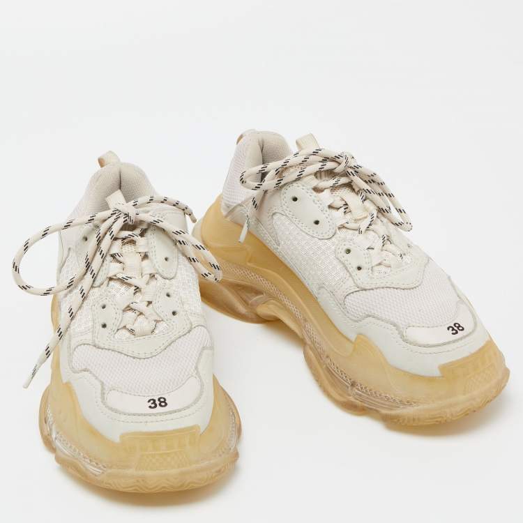 Pre Owned Balenciaga White/Grey Mesh and Leather Lace Up Sneakers Size 38