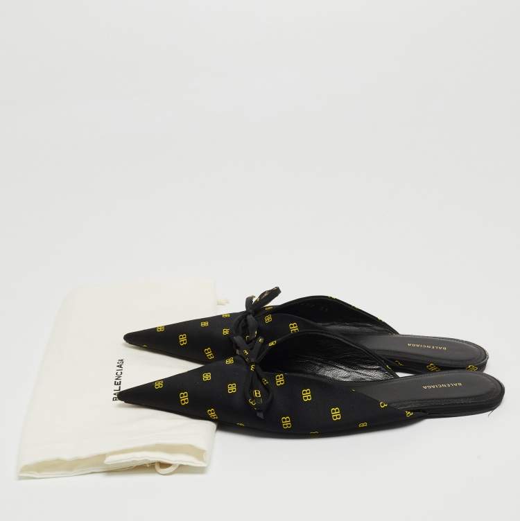 Pre Owned Balenciaga Black BB Print Satin Knife Flat Mules Size 37