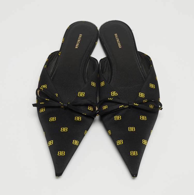 Pre Owned Balenciaga Black BB Print Satin Knife Flat Mules Size 37