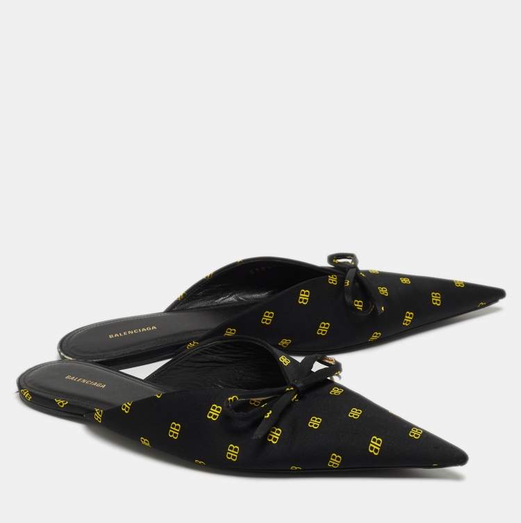 Pre Owned Balenciaga Black BB Print Satin Knife Flat Mules Size 37