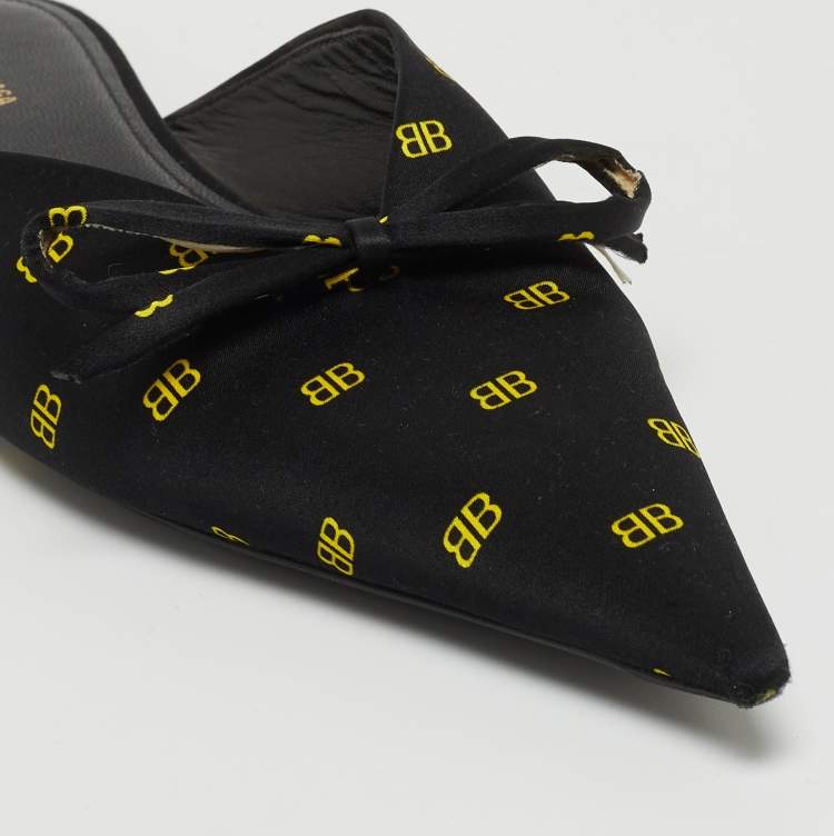 Pre Owned Balenciaga Black BB Print Satin Knife Flat Mules Size 37
