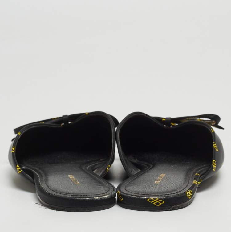 Pre Owned Balenciaga Black BB Print Satin Knife Flat Mules Size 37