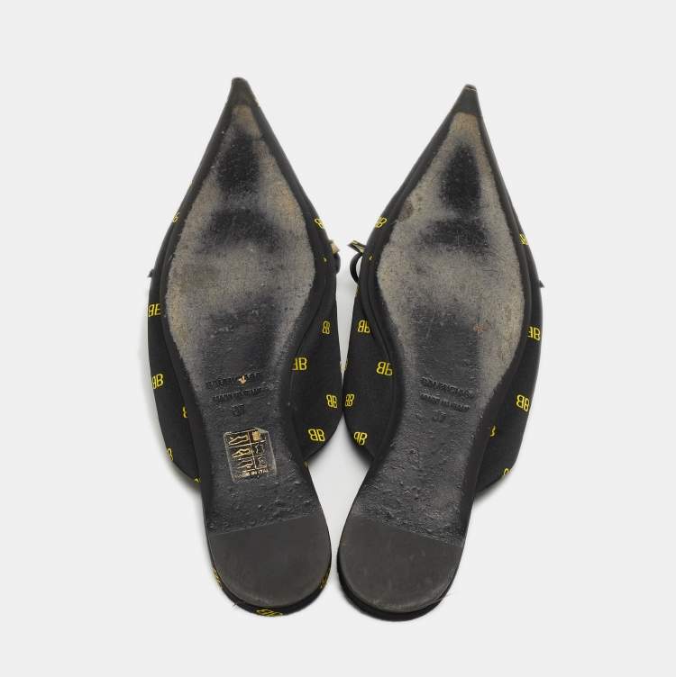 Pre Owned Balenciaga Black BB Print Satin Knife Flat Mules Size 37