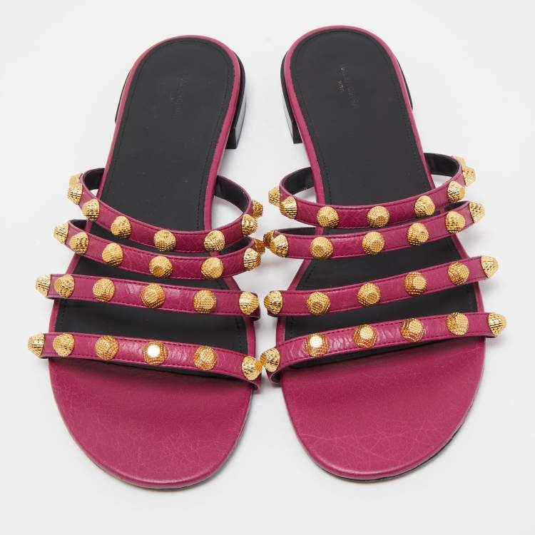Pre Owned Balenciaga Pink Leather Arena Flat Slides Size 41