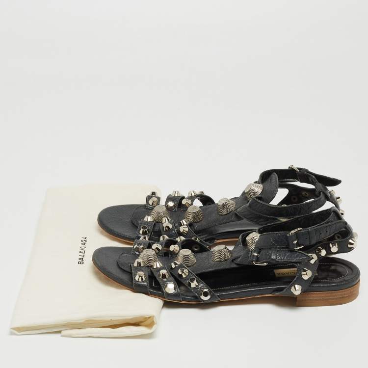Pre Owned Balenciaga Dark Grey Leather Studded Ankle Strap Flat Sandals Size 39.5