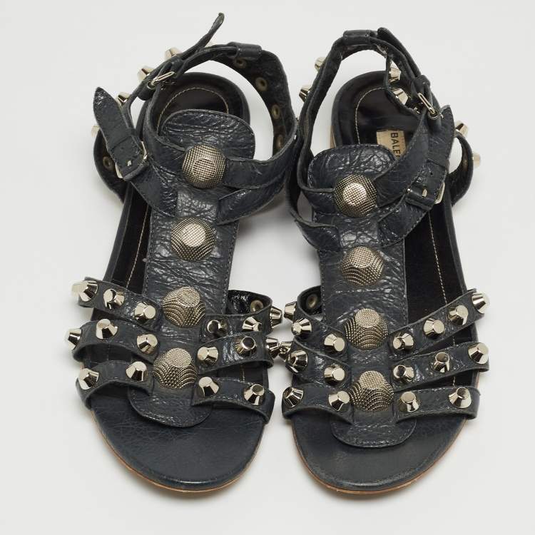 Pre Owned Balenciaga Dark Grey Leather Studded Ankle Strap Flat Sandals Size 39.5