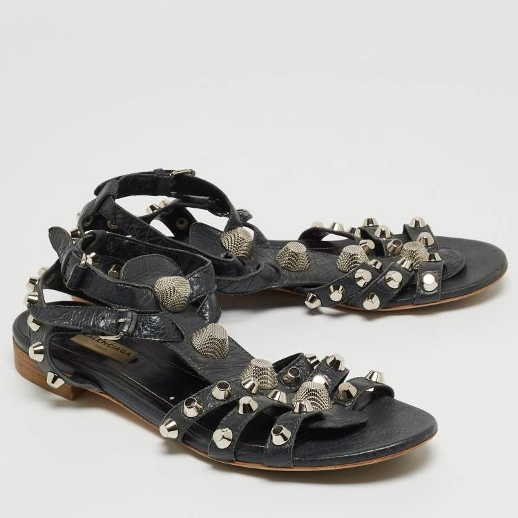 Pre Owned Balenciaga Dark Grey Leather Studded Ankle Strap Flat Sandals Size 39.5
