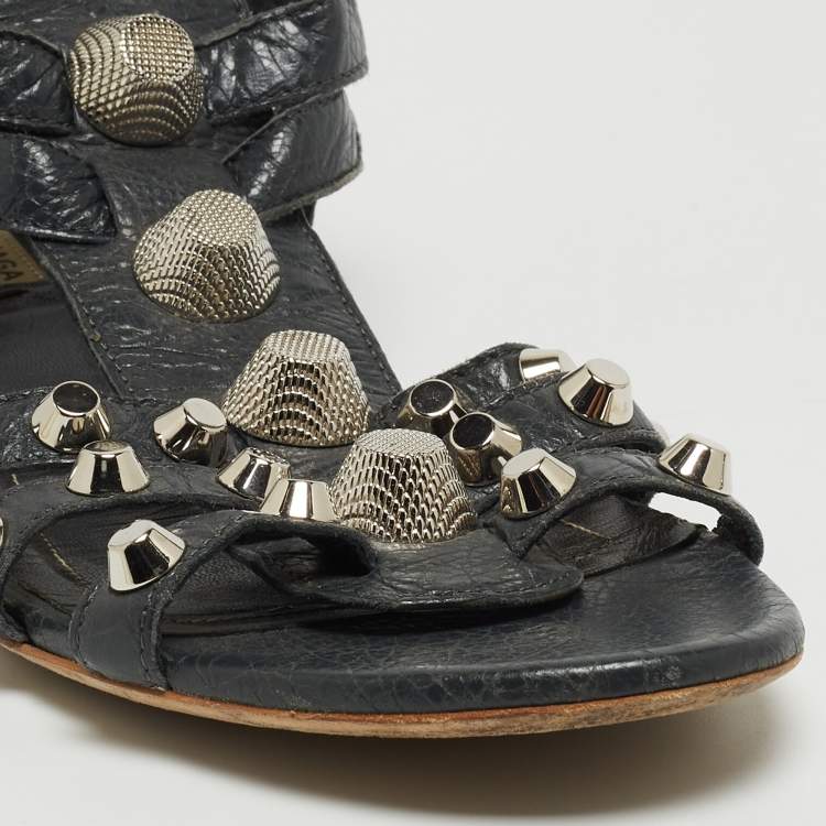 Pre Owned Balenciaga Dark Grey Leather Studded Ankle Strap Flat Sandals Size 39.5