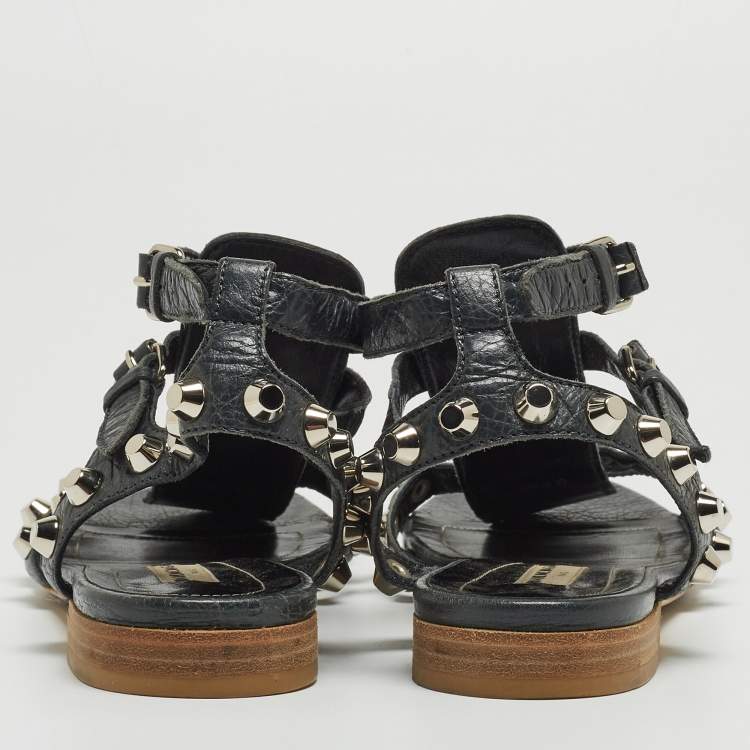 Pre Owned Balenciaga Dark Grey Leather Studded Ankle Strap Flat Sandals Size 39.5