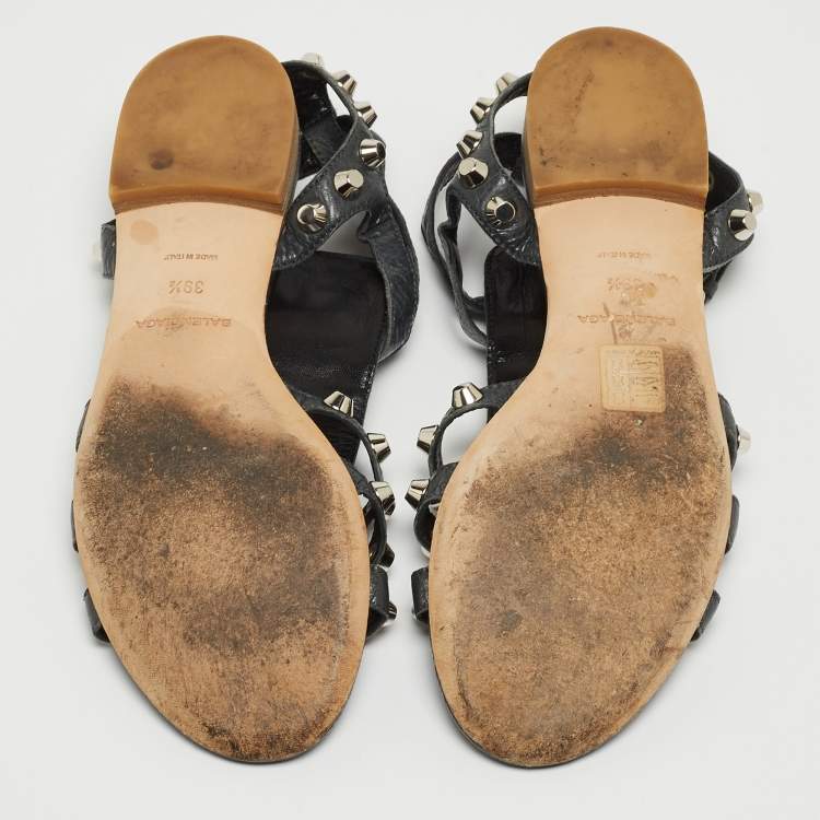 Pre Owned Balenciaga Dark Grey Leather Studded Ankle Strap Flat Sandals Size 39.5