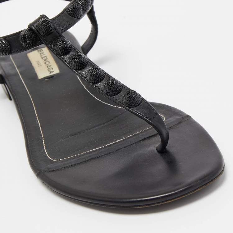 Pre Owned Balenciaga Black Leather Studded Arena Flat Sandals Size 36