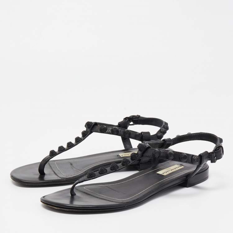 Pre Owned Balenciaga Black Leather Studded Arena Flat Sandals Size 36
