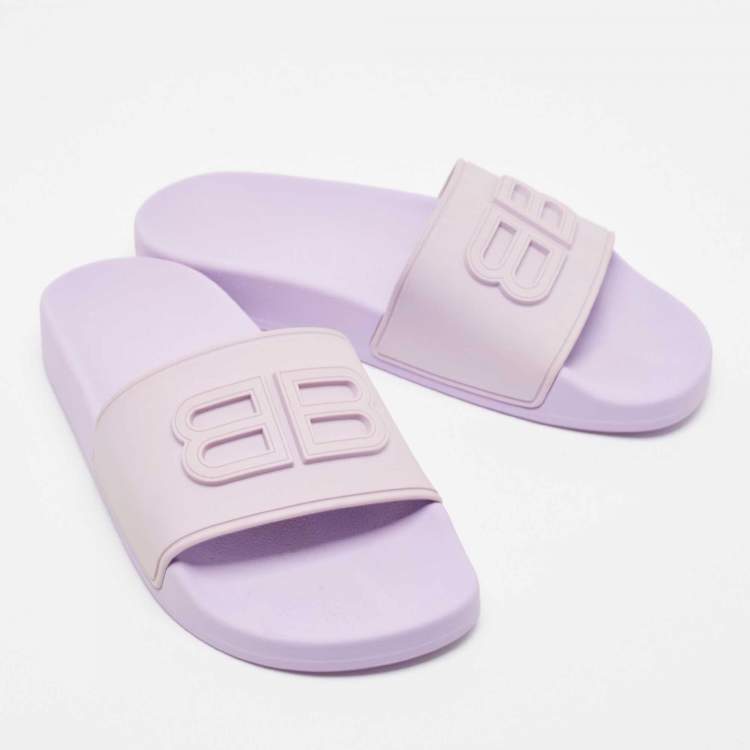 Pre Owned Balenciaga Purple Rubber BB Pool Slides Size 37