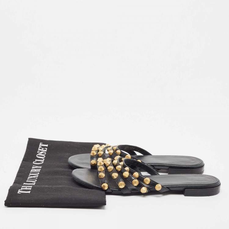 Pre Owned Balenciaga Black Leather Studded Arena Flat Slides Size 36