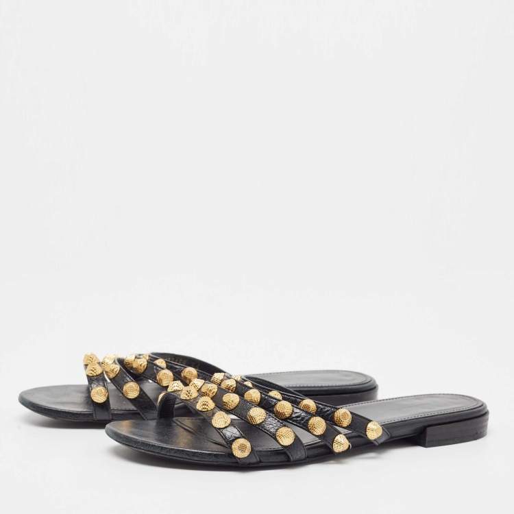 Balenciaga Black Leather Studded Arena Flat Slides Size 36