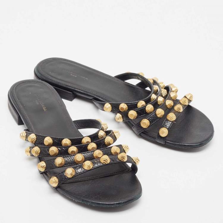 Pre Owned Balenciaga Black Leather Studded Arena Flat Slides Size 36