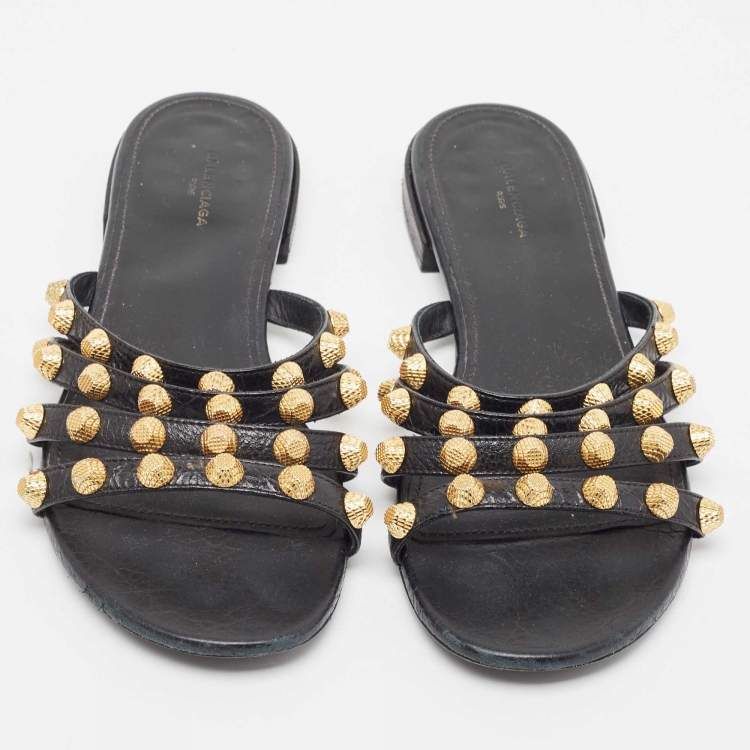 Pre Owned Balenciaga Black Leather Studded Arena Flat Slides Size 36