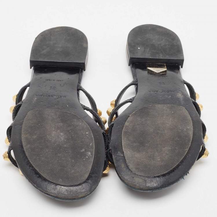 Pre Owned Balenciaga Black Leather Studded Arena Flat Slides Size 36