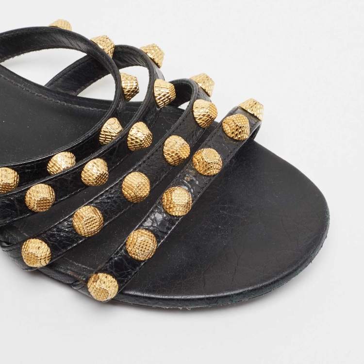 Pre Owned Balenciaga Black Leather Studded Arena Flat Slides Size 36