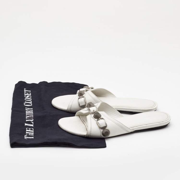 Pre Owned Balenciaga White  Leather Cagole Flat Slides Size 36