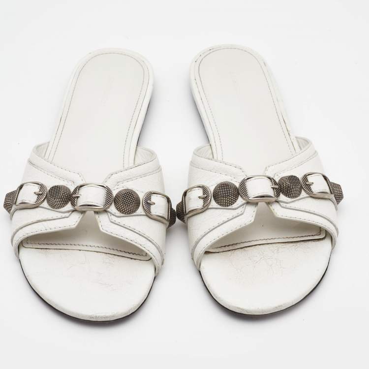 Pre Owned Balenciaga White  Leather Cagole Flat Slides Size 36