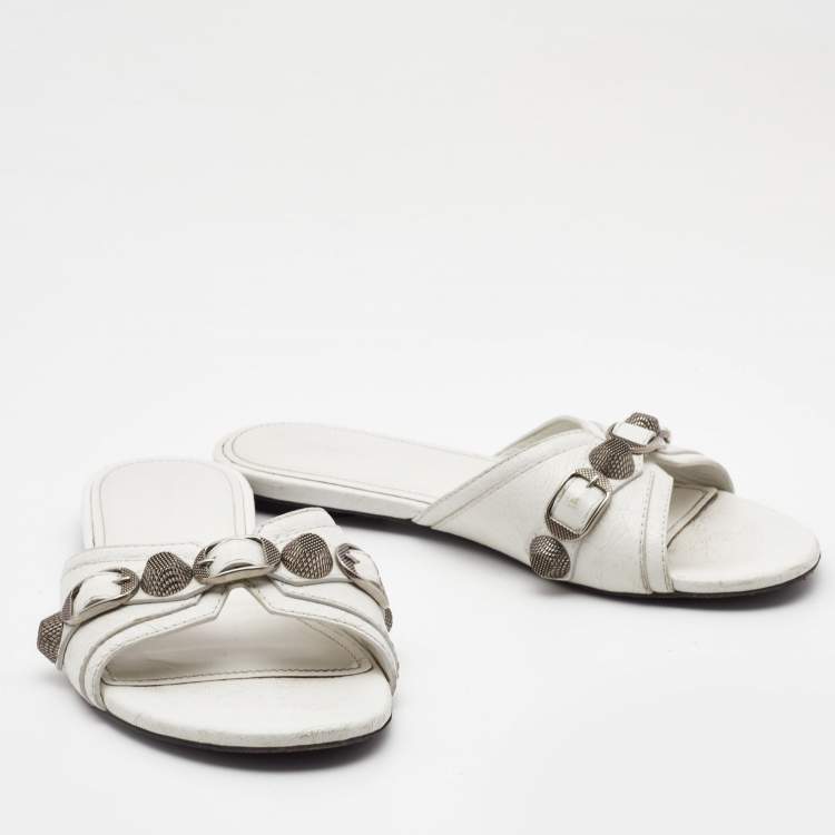 Pre Owned Balenciaga White  Leather Cagole Flat Slides Size 36