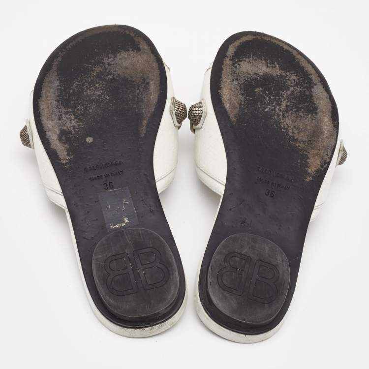 Pre Owned Balenciaga White  Leather Cagole Flat Slides Size 36