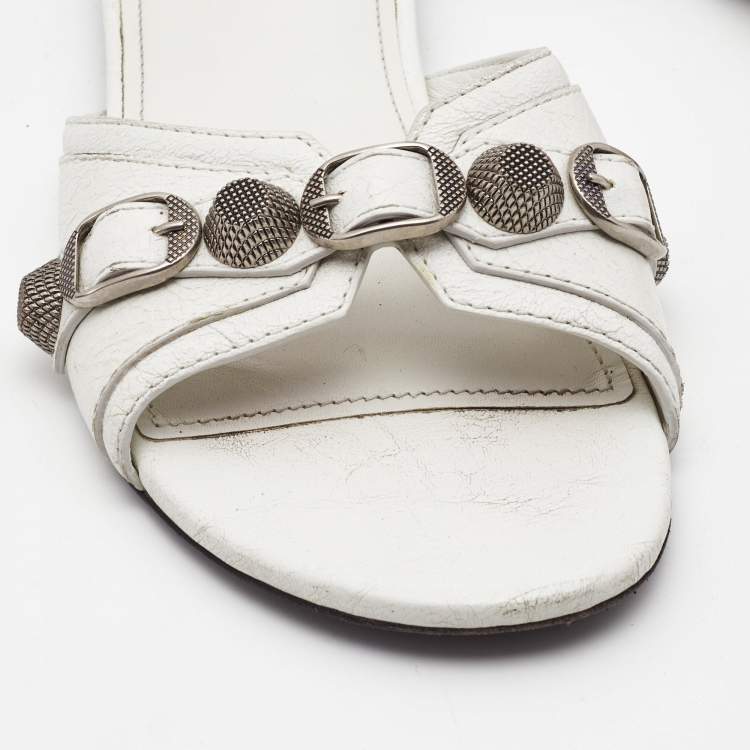 Pre Owned Balenciaga White  Leather Cagole Flat Slides Size 36