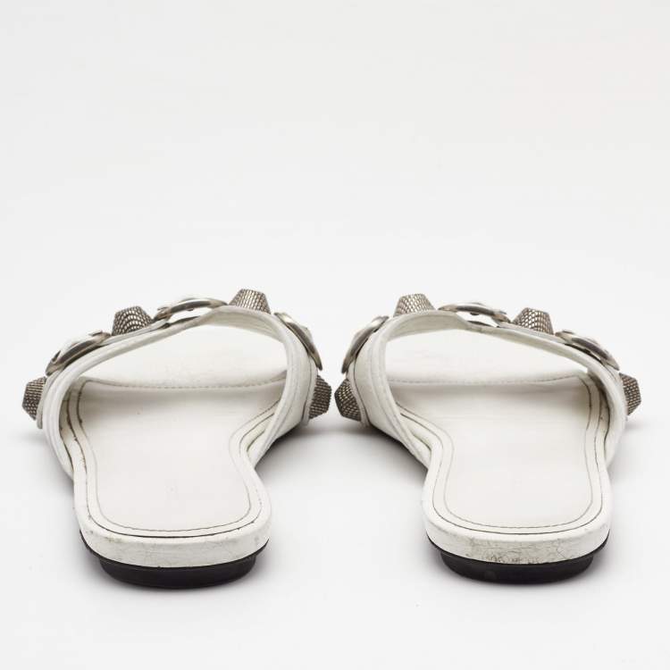 Pre Owned Balenciaga White  Leather Cagole Flat Slides Size 36