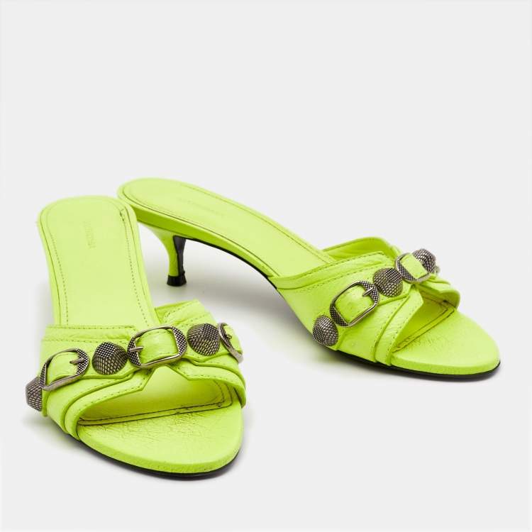 Pre Owned Balenciaga Neon Yellow Leather Le Cagole Slide Sandals Size 36