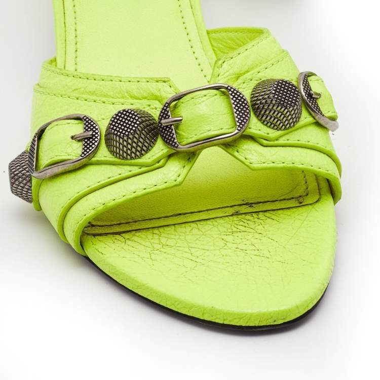 Pre Owned Balenciaga Neon Yellow Leather Le Cagole Slide Sandals Size 36