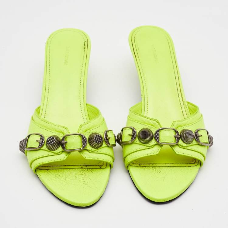 Pre Owned Balenciaga Neon Yellow Leather Le Cagole Slide Sandals Size 36