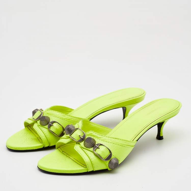 Balenciaga Neon Yellow Leather Le Cagole Slide Sandals Size 36