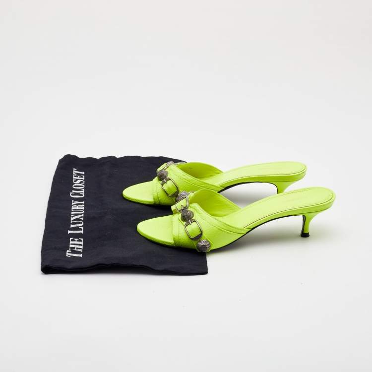 Pre Owned Balenciaga Neon Yellow Leather Le Cagole Slide Sandals Size 36