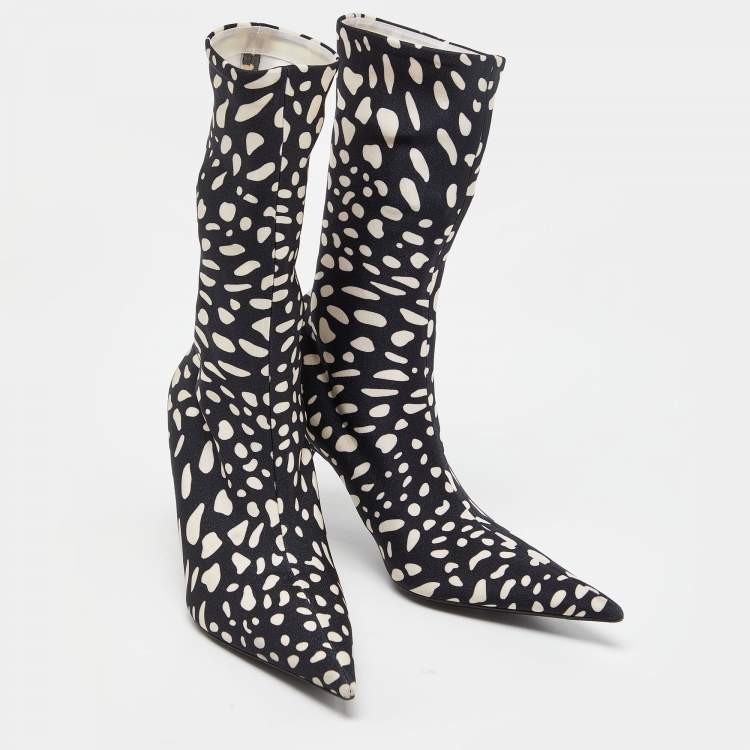 Pre Owned Balenciaga Black/White Printed Stretch Fabric Knife Booties Size 36